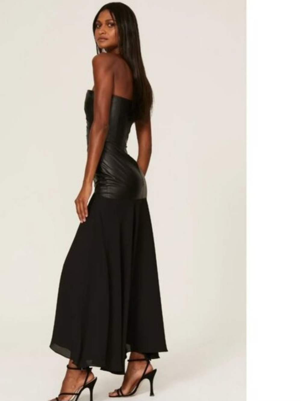 Shoshana Strapless Black Faux-Leather Bodice Asymmetric Midi Dress Sz 10 - Picture 2 of 12